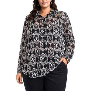 Simply Emma Women’s Plus Size 1X Black White Floral Blouse V-Neck Button Front